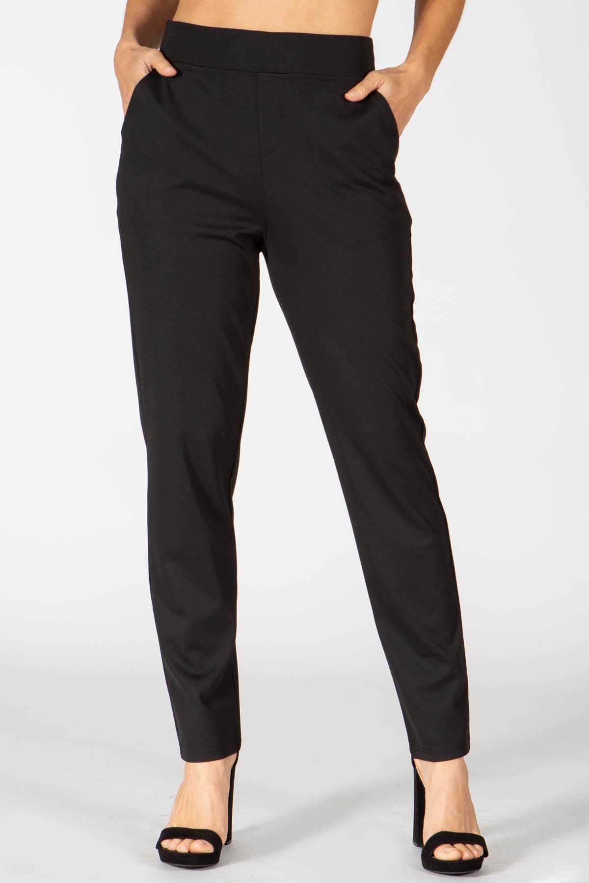 Women's Light Weight Ponte Pull-on Pants with back faux welt pockets.
