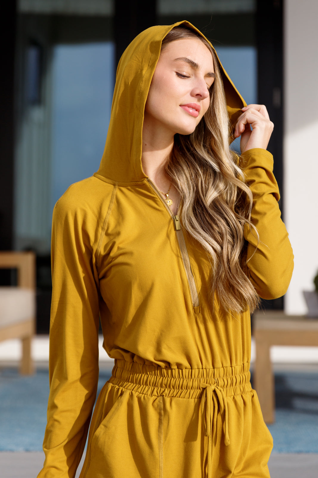 Getting Out Long Sleeve Hoodie Romper Dress Gold Spice