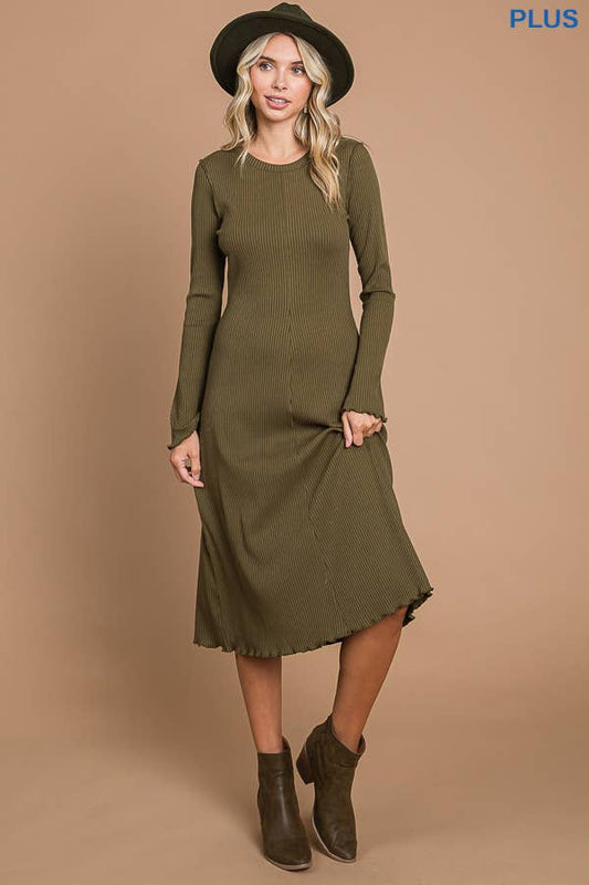 Good Girl Plus Crew Neck Bell Sleeve Dress in Warm Olive
