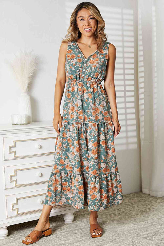 Take Me Down Floral V-Neck Tiered Sleeveless Dress