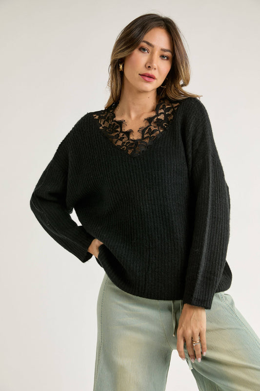 FLORAL LACE ACCENT V-NECK RIBBED KNIT DOLMAN SLEEVE OVERSIZED COZY SWEATER. Perfect to wear in San Luis Obispo.