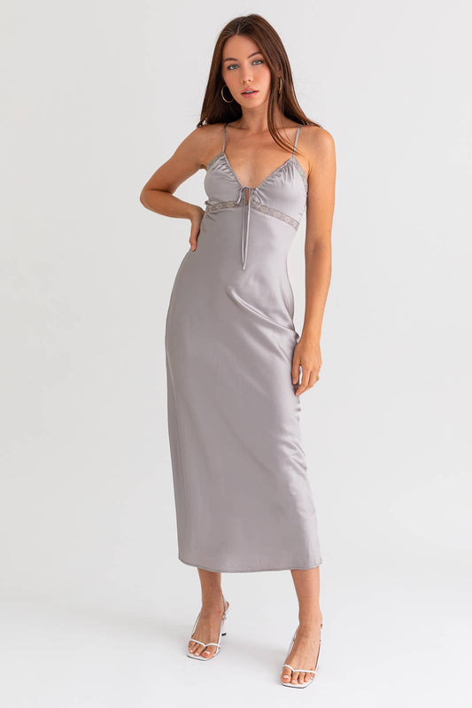Story of My Life Lace Trim Maxi Satin Dress