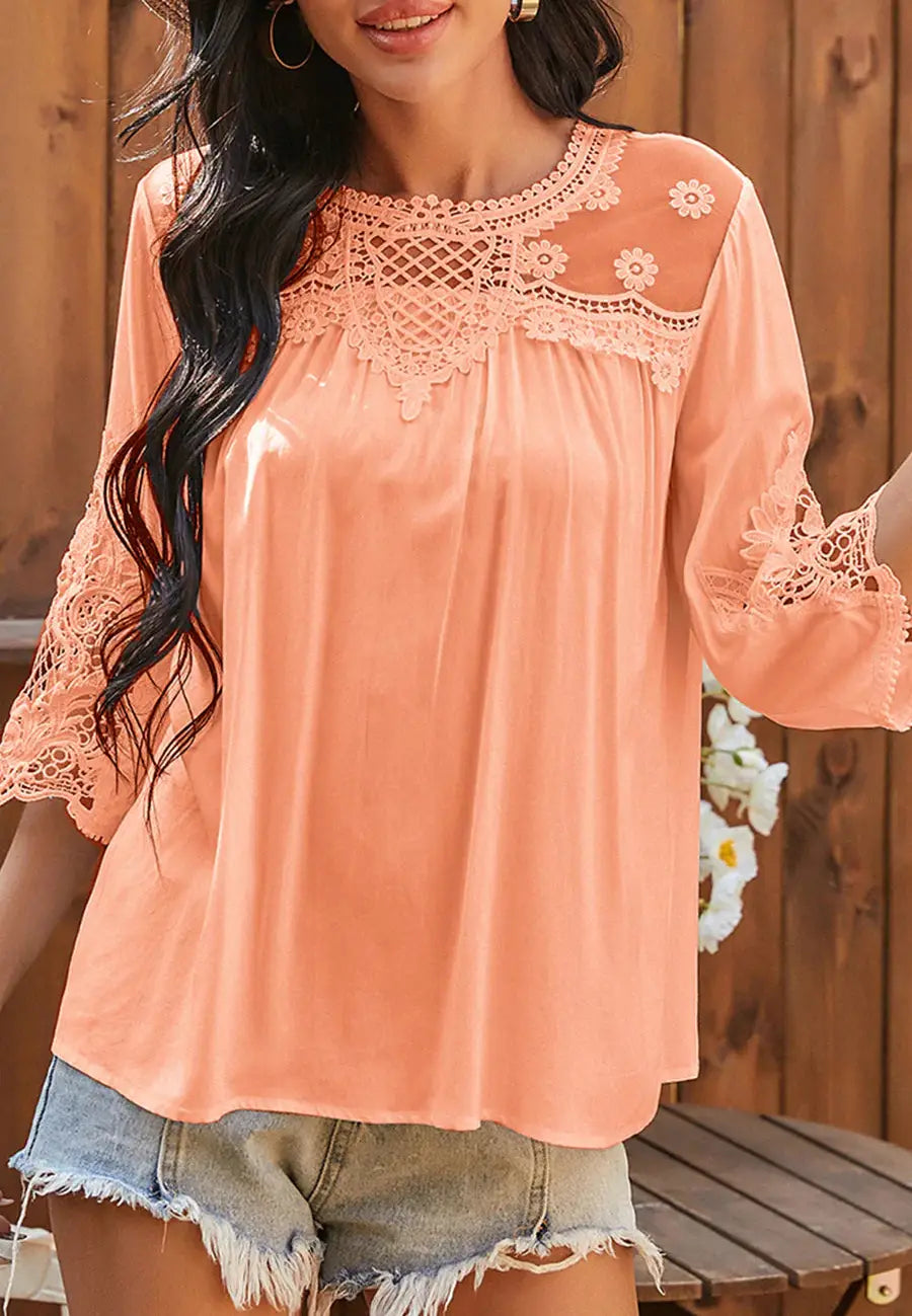 The Anna-Kaci blouse is detailed with a cute floral lace detail. Features a round neck line, elbow length sleeves, keyhole back detail, and flowy fit. Pair it with denim shorts and sneakers for a juxtaposing look.