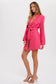 A hot pink woven blazer featuring a notched collar, hidden front button, detachable waist tie, side welt pockets, fully lined, oversized fit.