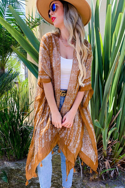 Camel Paisley Printed Kimono Cardigan Cover Up With Tassel